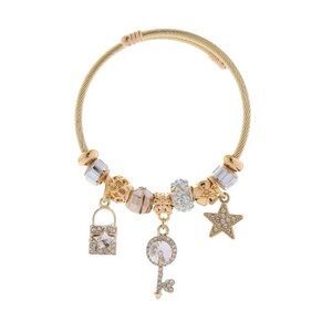Elegant Gold Tone Cable Wire Bangle Bracelet with Crystal Star Key Lock Charms